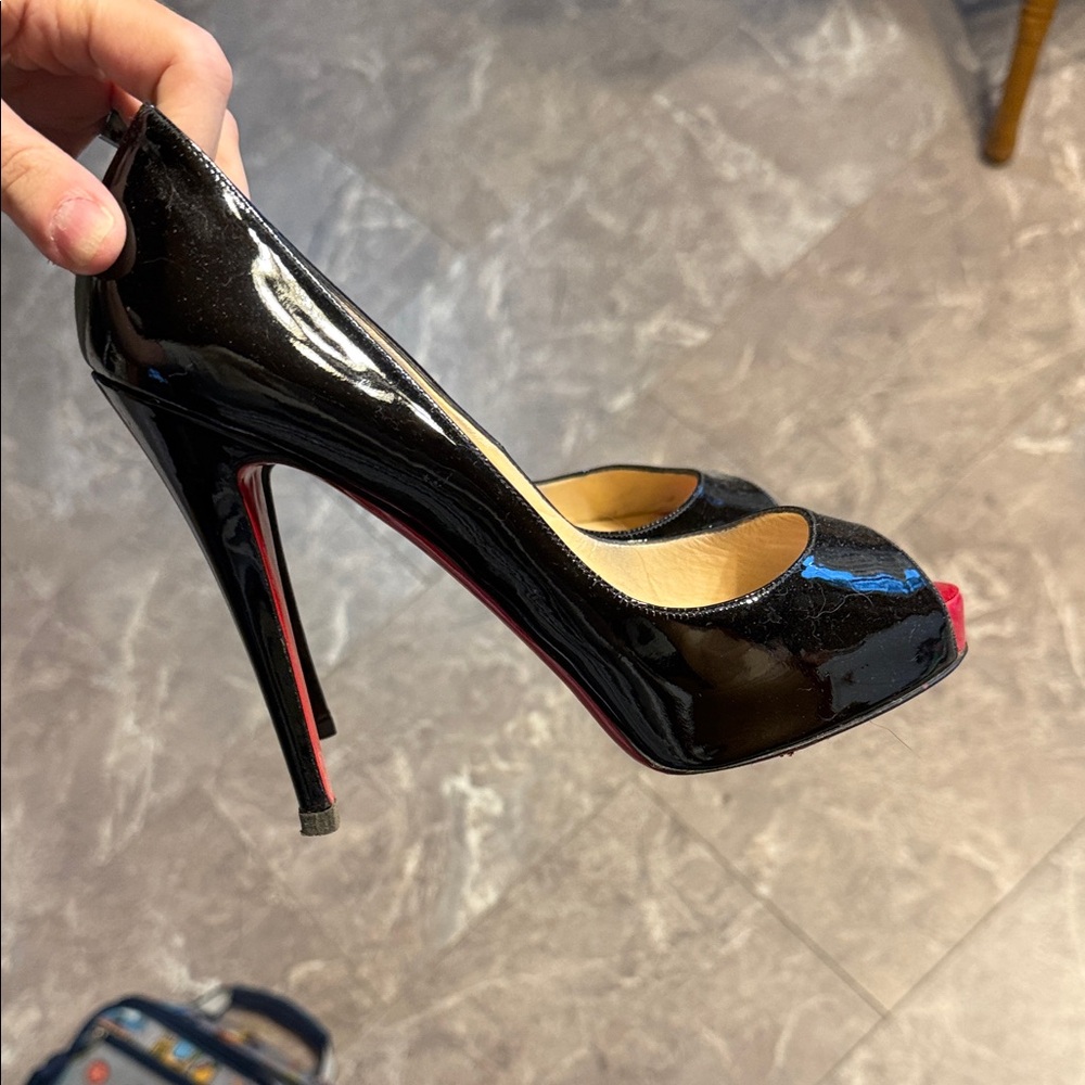 Christian Louboutin Black Patent Peep-Toe Heels